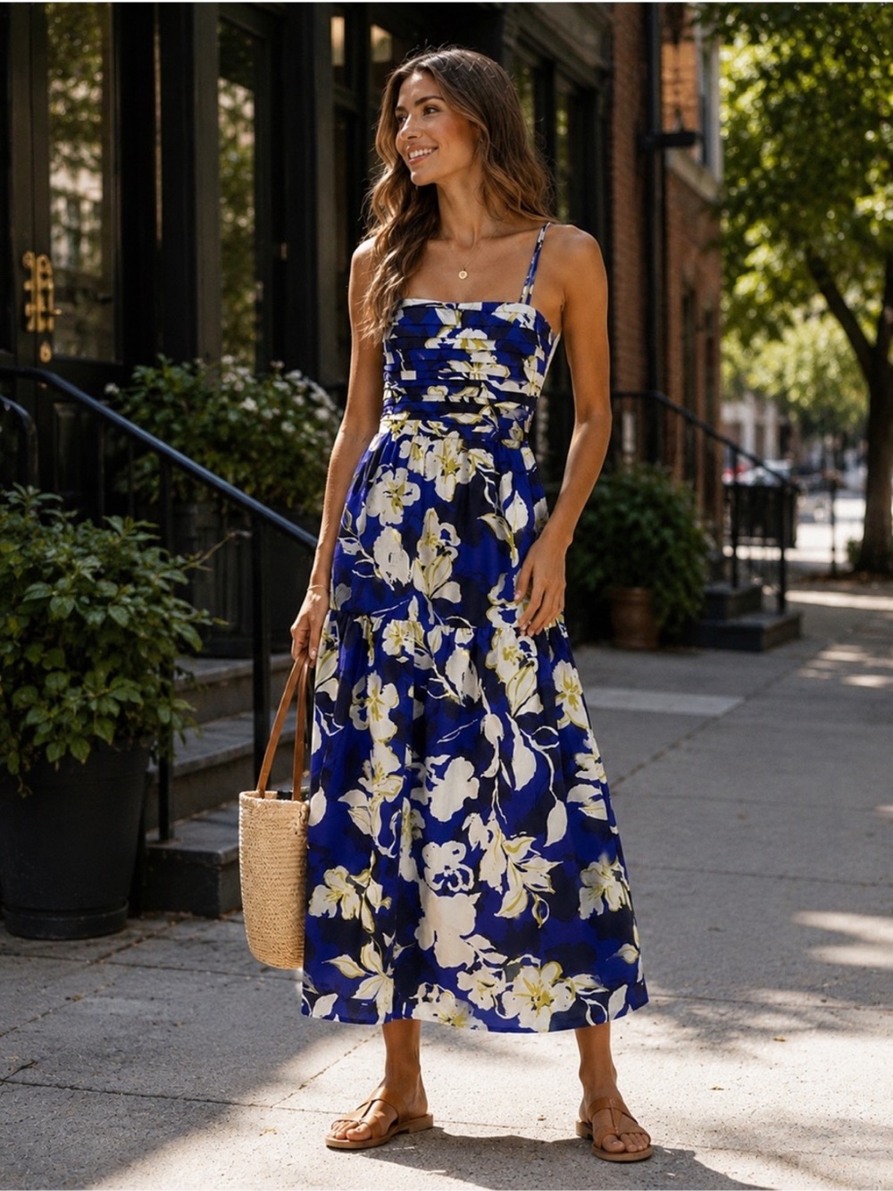 Evereve Blue Floral Midi Dress with White & Yellow Blossoms